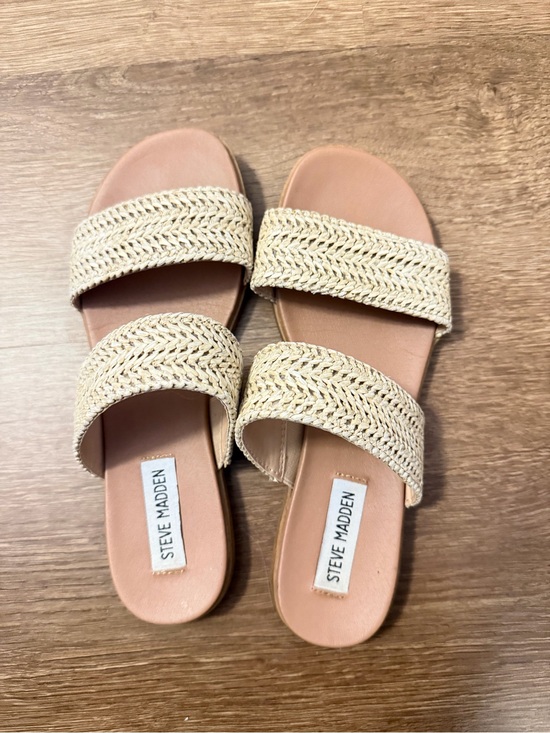 Steve Madden Shoes - Steve Madden Beige Raffia Double Strap Slide Sandals